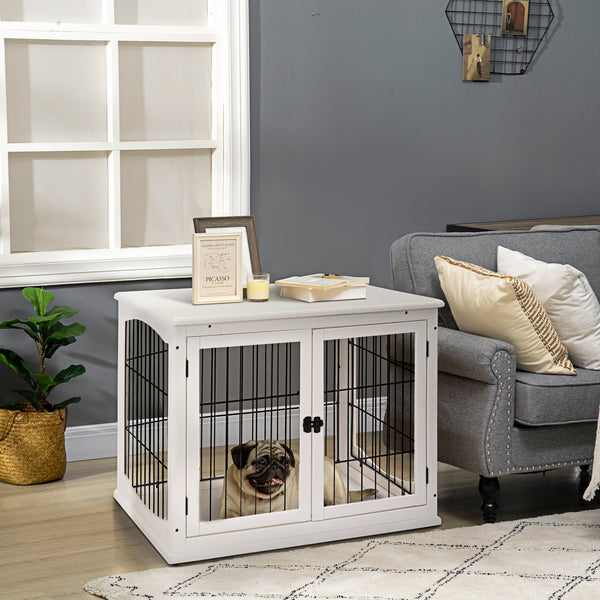 Wooden Dog Crate End Table Pet Puppy House Cage w/Metal Wire for Small Dog