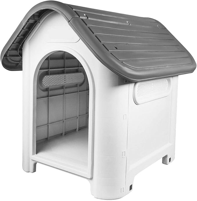 Mighty Plastic Dog Cat Kennel House Weatherproof For Indoor And Outdoor Pet Shelter Grey