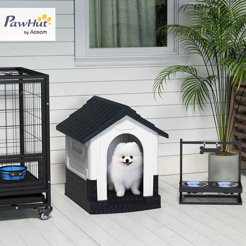 PawHut Dog Kennel for Outside, Plastic Dog House, WaterResistant Pet Shelter Miniature Dogs, 64.5 x 57 x 66cm - Grey