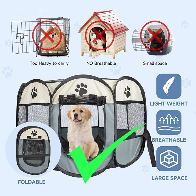 Foldable cats, dog kennels, cats, dogs, delivery rooms, pets, octagonal cages, breathable fences, tents, claw-resistant (GREY)