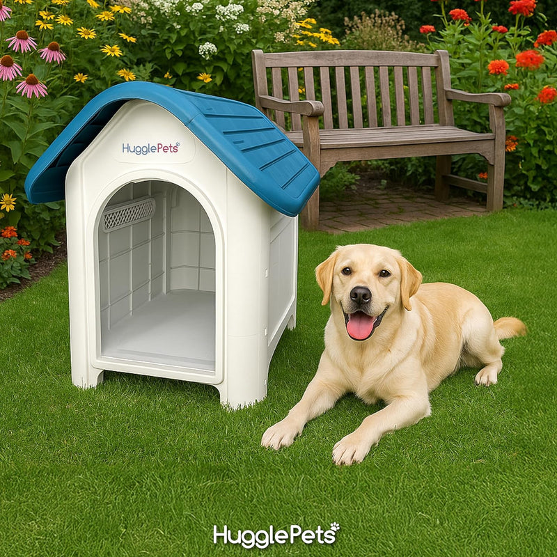 HugglePets Plastic Dog Kennel Weatherproof Pet House In & Outdoor Animal Shelter