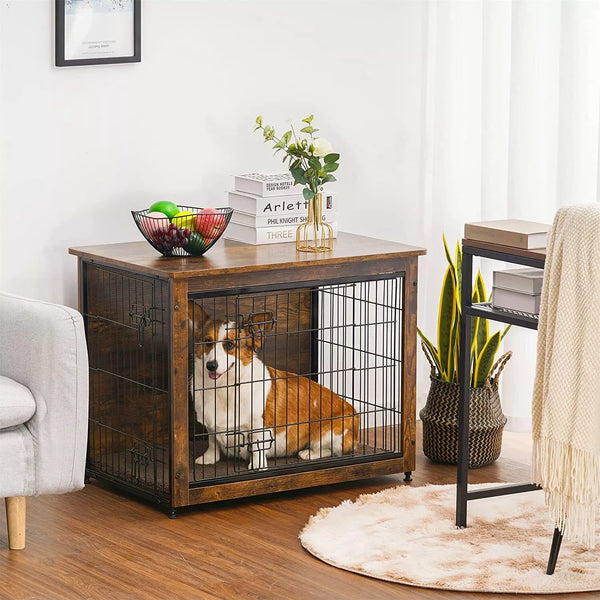 Chic Wooden Dog Crate Anti-Anxiety Pet Dog Kennel Cage Bed Furniture End Table