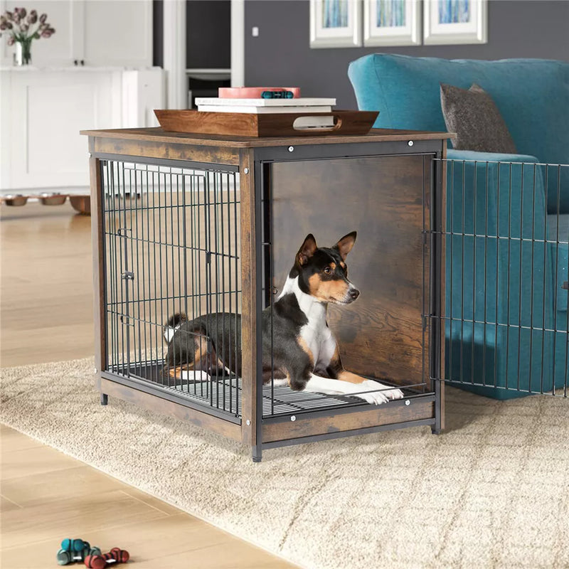 Chic Wooden Dog Crate Anti-Anxiety Pet Dog Kennel Cage Bed Furniture End Table