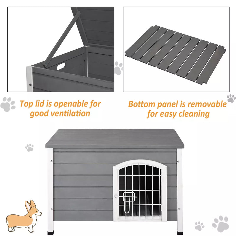 PawHut Wooden Dog House, Outdoor Dog Kennel w/ Removable Bottom, Grey