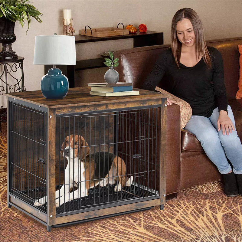 Chic Wooden Dog Crate Anti-Anxiety Pet Dog Kennel Cage Bed Furniture End Table