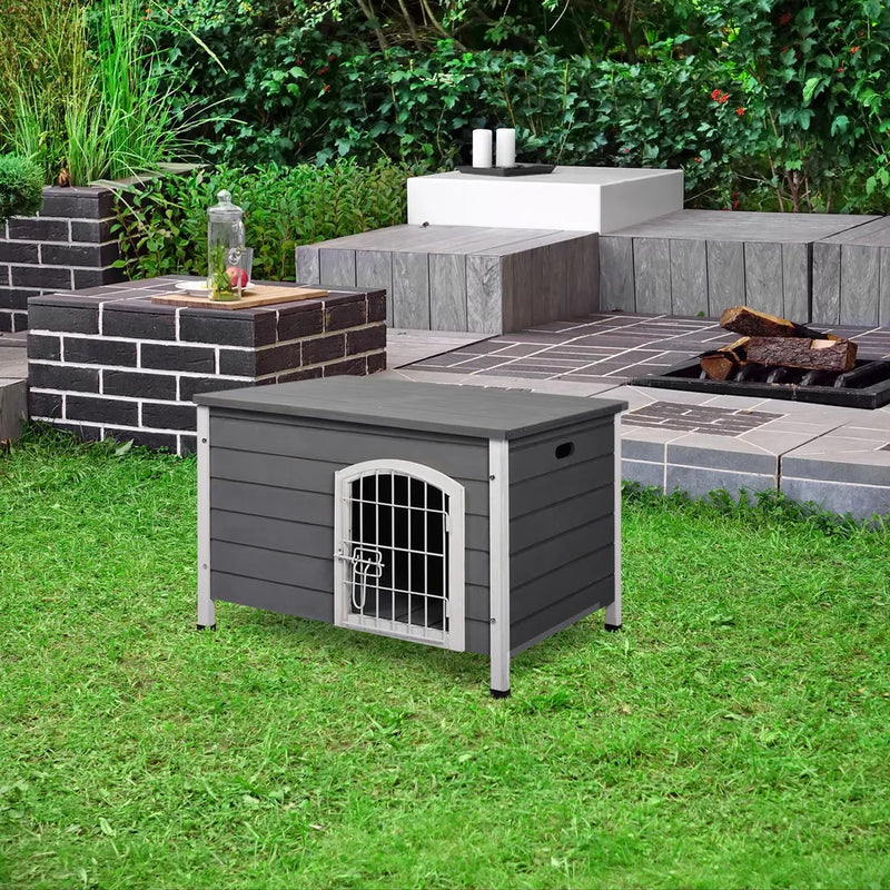 PawHut Wooden Dog House, Outdoor Dog Kennel w/ Removable Bottom, Grey